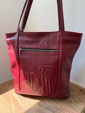 DOROTHY GRANT Haida Art Embossed Leather Tote Bag Purse Oxblood Red